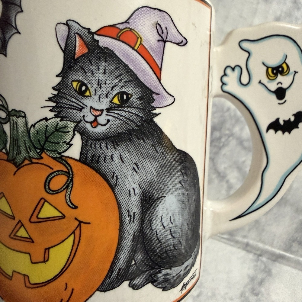 Vintage Halloween Witch Cat Pumpkin Coffee Mug Cup Ghost Handle Japan Retro - Picture 3 of 12